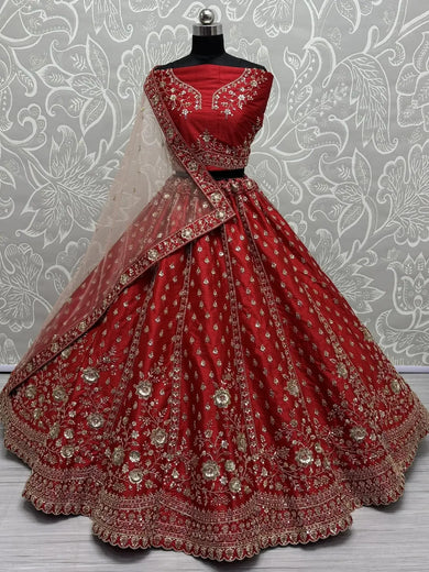 Amazing Red Hand Work Net Bridal Lehenga Choli With Double Dupatta - Ethnic Plus In